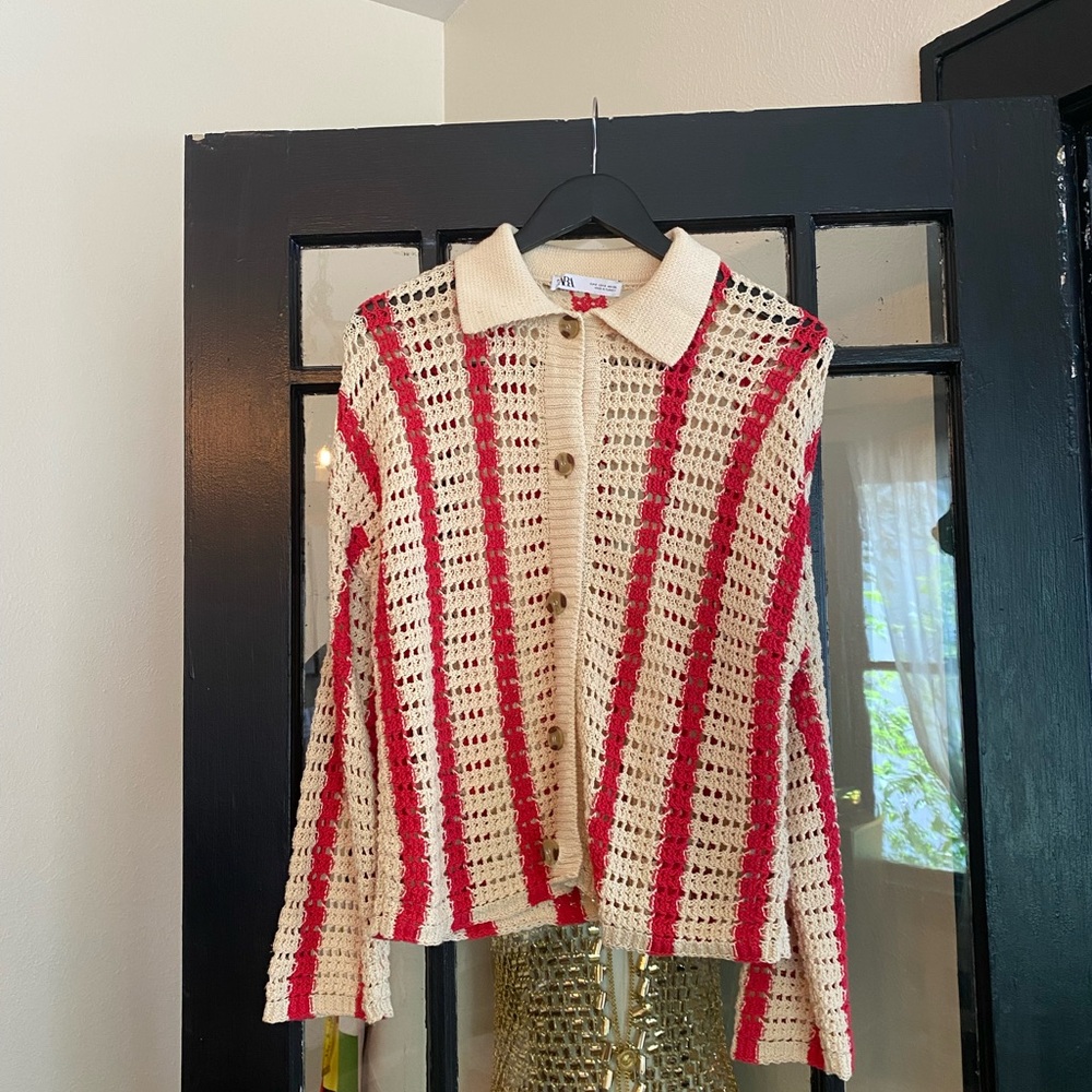 Zara Red and Cream Knit Cardigan